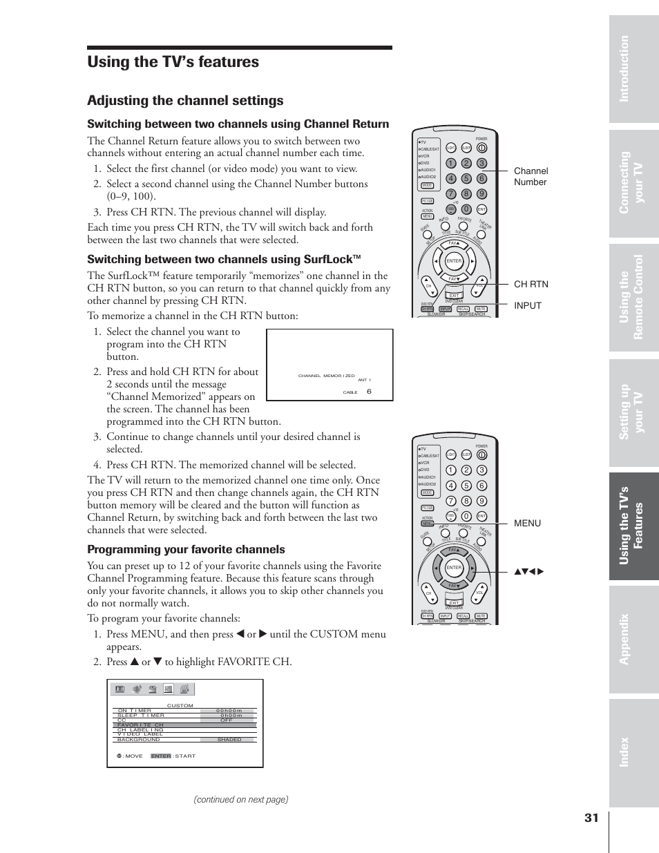 Using the tv’s features, Adjusting the channel settings, Switching between two channels using surflock | Programming your favorite channels, Continued on next page), Input channel number ch rtn menu yzx | Toshiba 65NH84 User Manual | Page 31 / 68