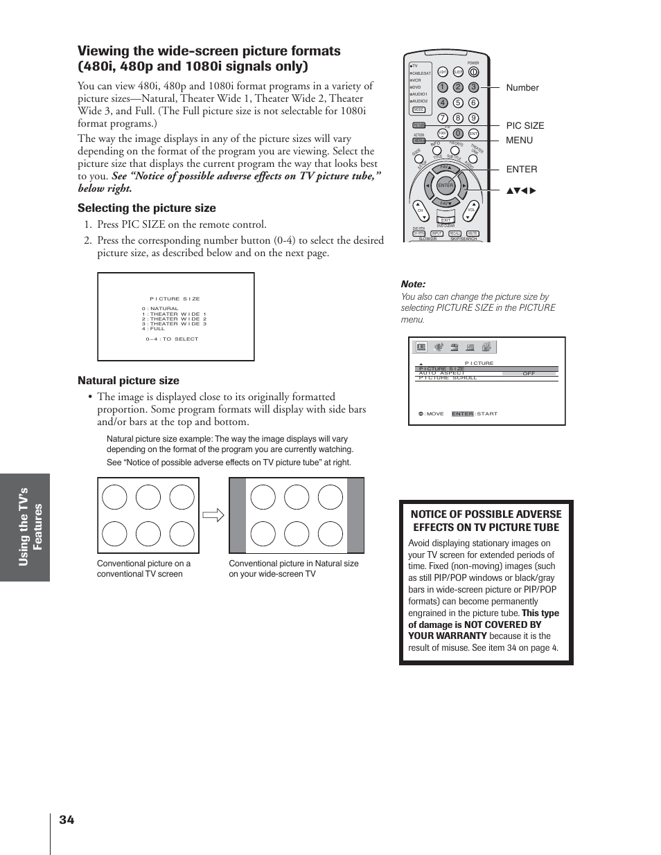 Selecting the picture size | Toshiba 65NH84 User Manual | Page 34 / 68