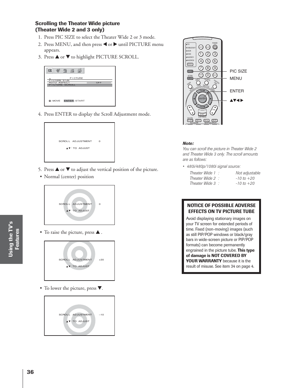 Press enter to display the scroll adjustment mode | Toshiba 65NH84 User Manual | Page 36 / 68