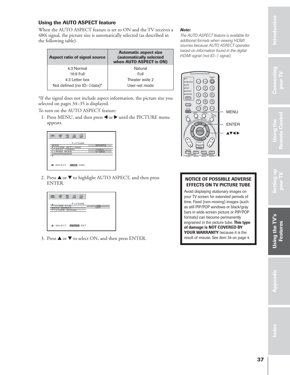 Using the auto aspect feature, Press y or z to select on, and then press enter | Toshiba 65NH84 User Manual | Page 37 / 68