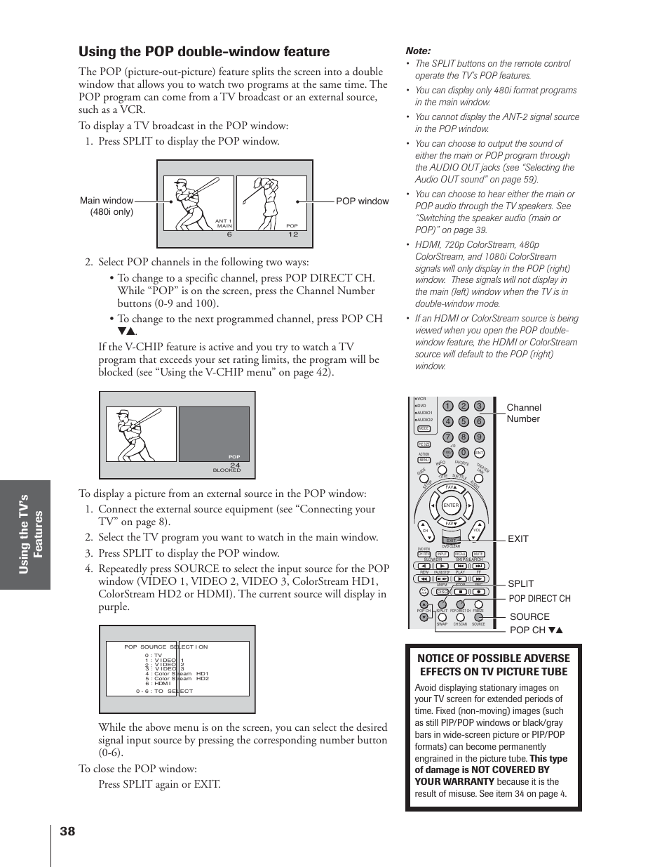 Using the pop double-window feature | Toshiba 65NH84 User Manual | Page 38 / 68