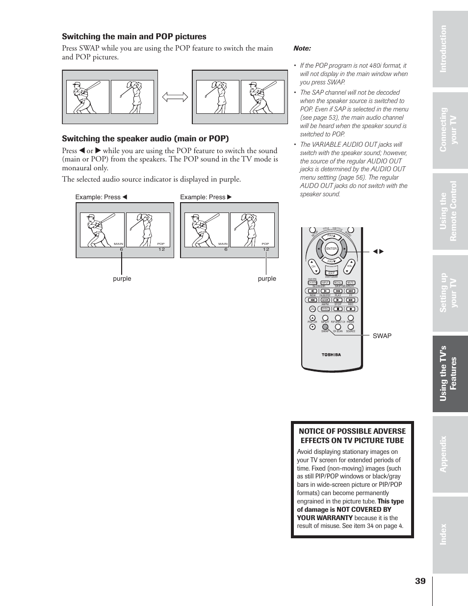 Switching the main and pop pictures, Switching the speaker audio (main or pop) | Toshiba 65NH84 User Manual | Page 39 / 68