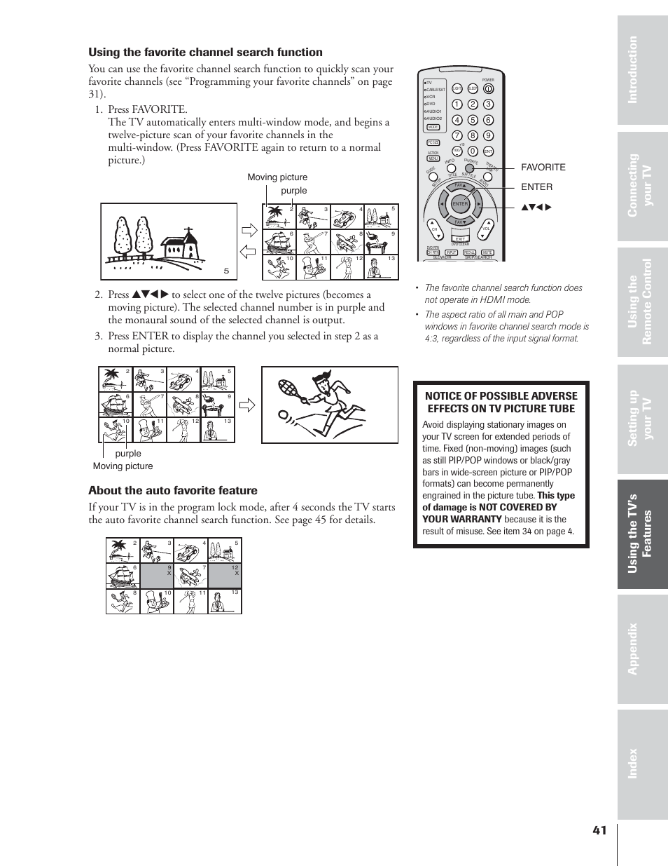 Using the favorite channel search function, About the auto favorite feature | Toshiba 65NH84 User Manual | Page 41 / 68