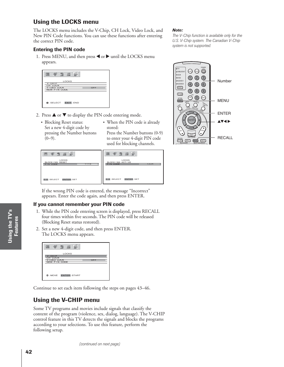 Using the locks menu, Using the v-chip menu, Entering the pin code | If you cannot remember your pin code, Press y or z to display the pin code entering mode | Toshiba 65NH84 User Manual | Page 42 / 68