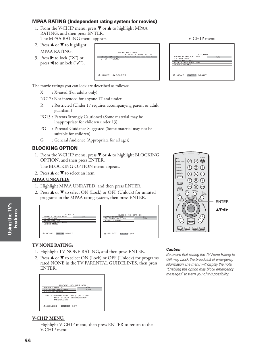 Mpaa rating (independent rating system for movies), Blocking option, V-chip menu | Toshiba 65NH84 User Manual | Page 44 / 68