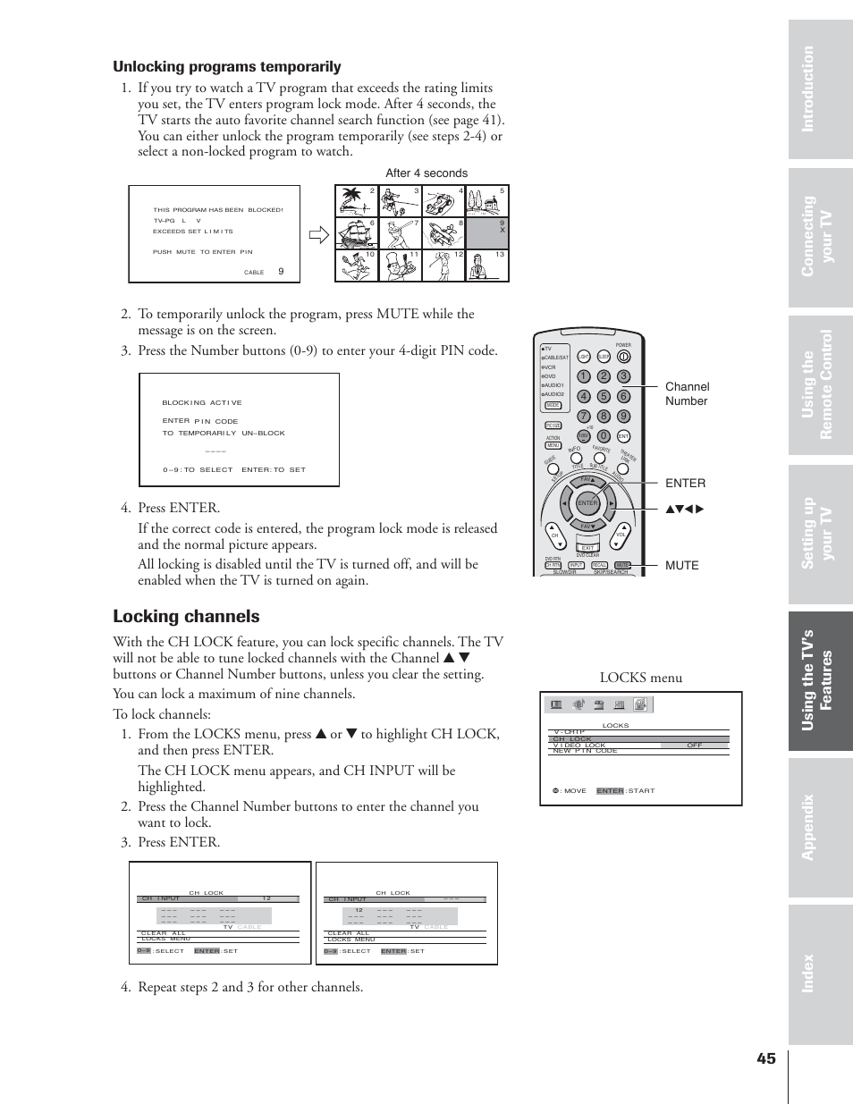 Locking channels, Unlocking programs temporarily, Locks menu | Repeat steps 2 and 3 for other channels, Enter yzx • mute after 4 seconds channel number | Toshiba 65NH84 User Manual | Page 45 / 68