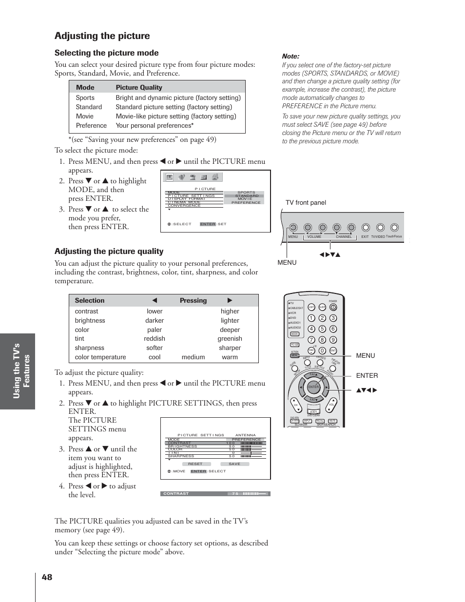 Adjusting the picture, Selecting the picture mode, Adjusting the picture quality | Toshiba 65NH84 User Manual | Page 48 / 68