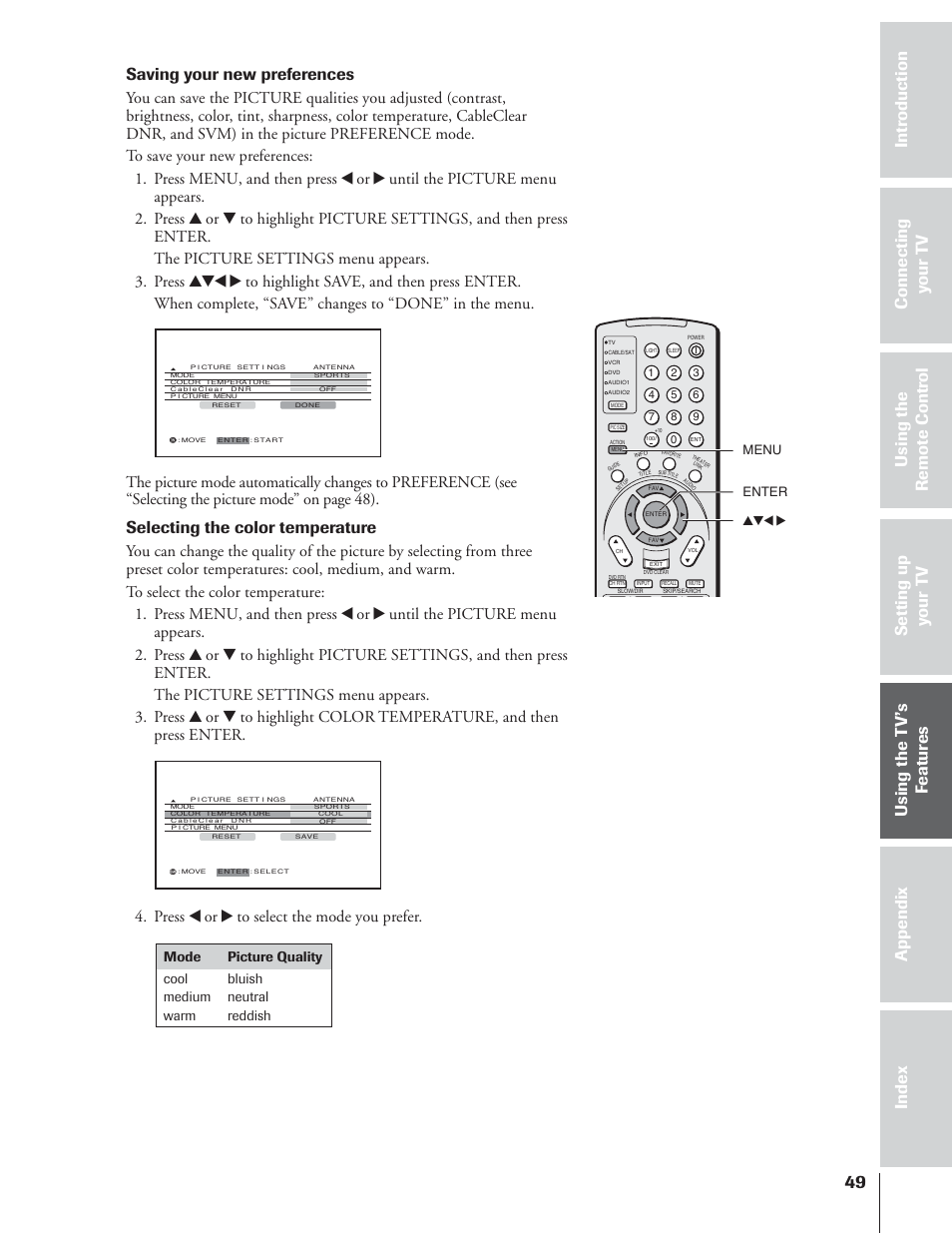 Saving your new preferences, Selecting the color temperature, Press x or • to select the mode you prefer | Toshiba 65NH84 User Manual | Page 49 / 68