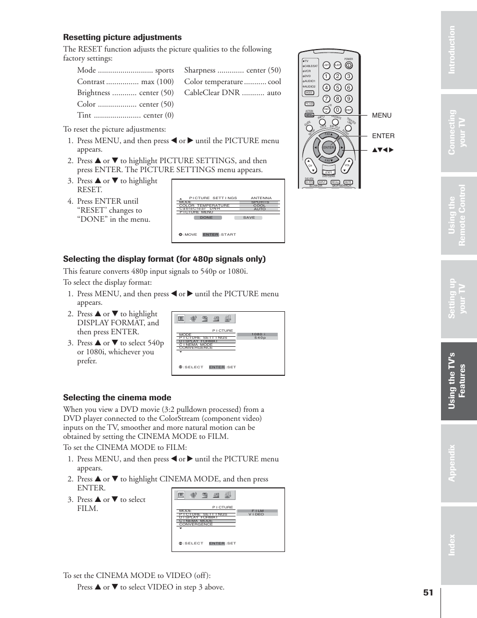 Selecting the cinema mode, Resetting picture adjustments | Toshiba 65NH84 User Manual | Page 51 / 68