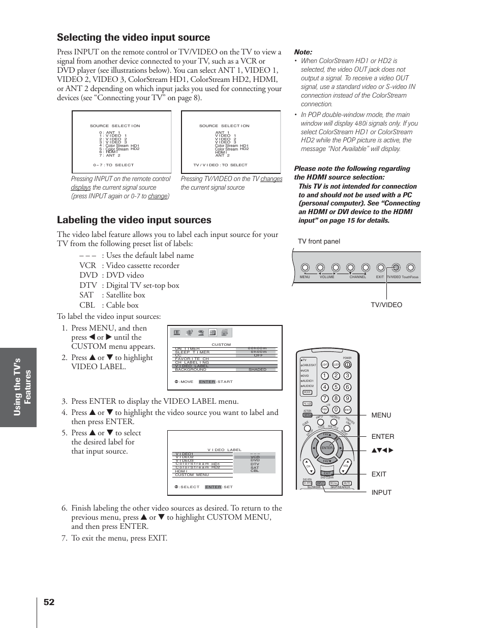 Selecting the video input source, Labeling the video input sources, Tv/video menu yzx • exit input | Tv front panel, Enter | Toshiba 65NH84 User Manual | Page 52 / 68
