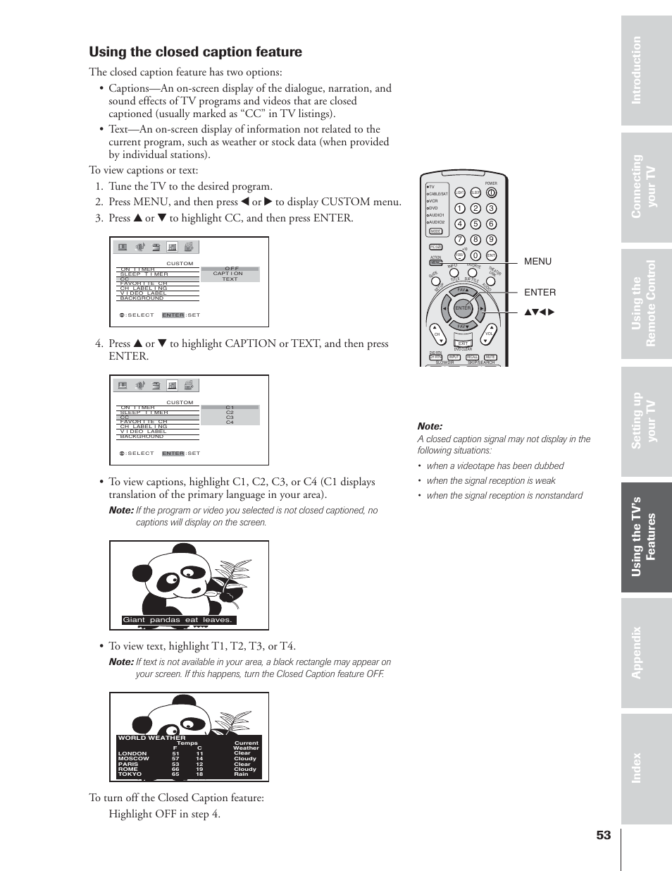 Using the closed caption feature | Toshiba 65NH84 User Manual | Page 53 / 68