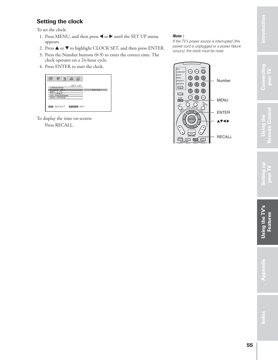 Setting the clock | Toshiba 65NH84 User Manual | Page 55 / 68
