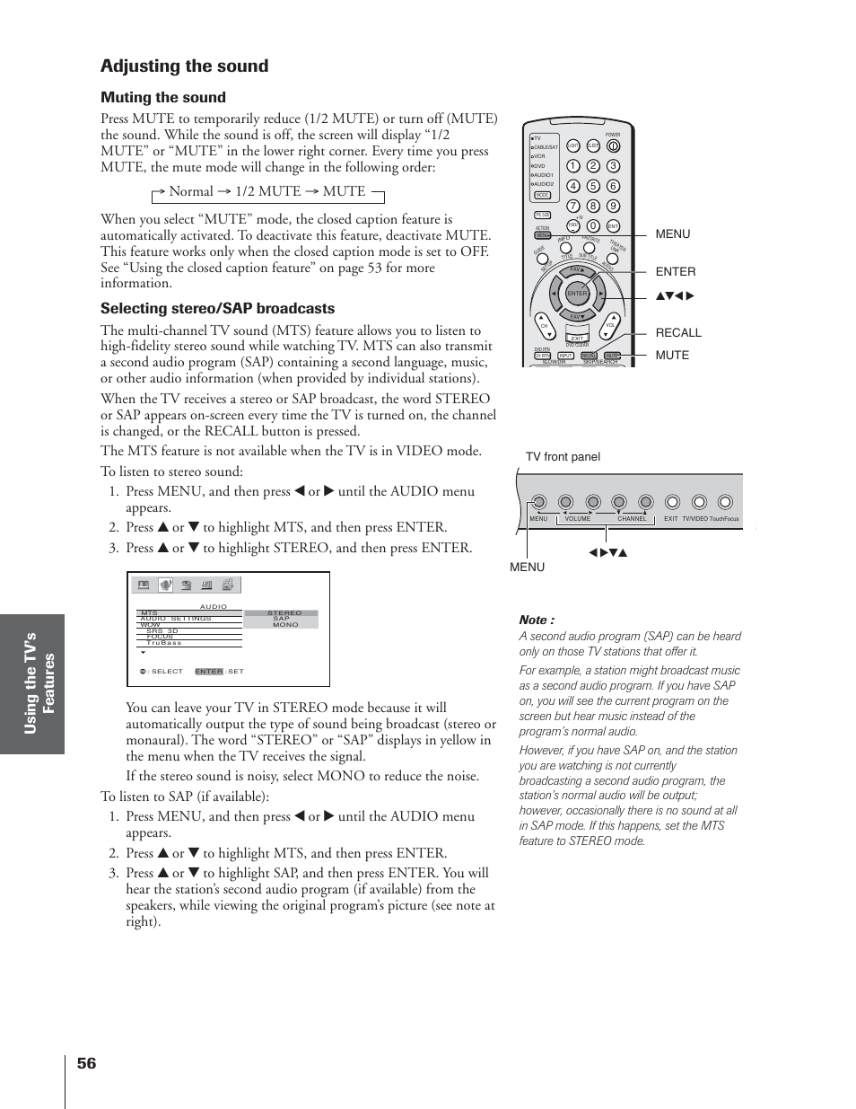 Adjusting the sound, Muting the sound, Selecting stereo/sap broadcasts | Toshiba 65NH84 User Manual | Page 56 / 68