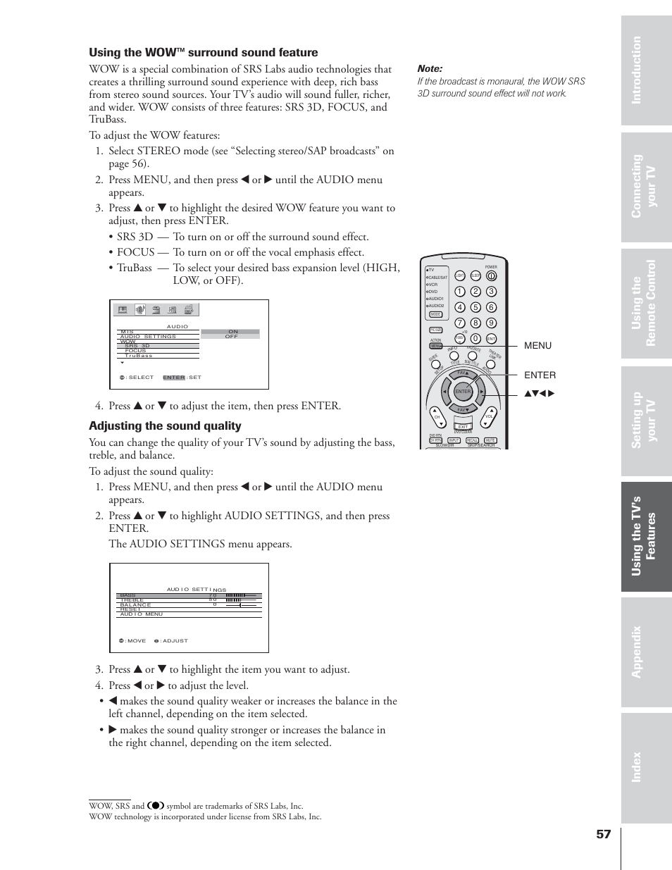 Using the wow™ surround sound feature, Adjusting the sound quality, Press y or z to adjust the item, then press enter | Toshiba 65NH84 User Manual | Page 57 / 68