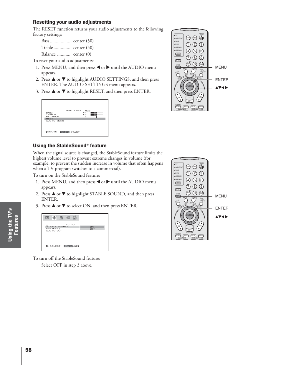 Resetting your audio adjustments, Using the stablesound, Feature | Yzx • menu, Yzx • menu enter enter | Toshiba 65NH84 User Manual | Page 58 / 68