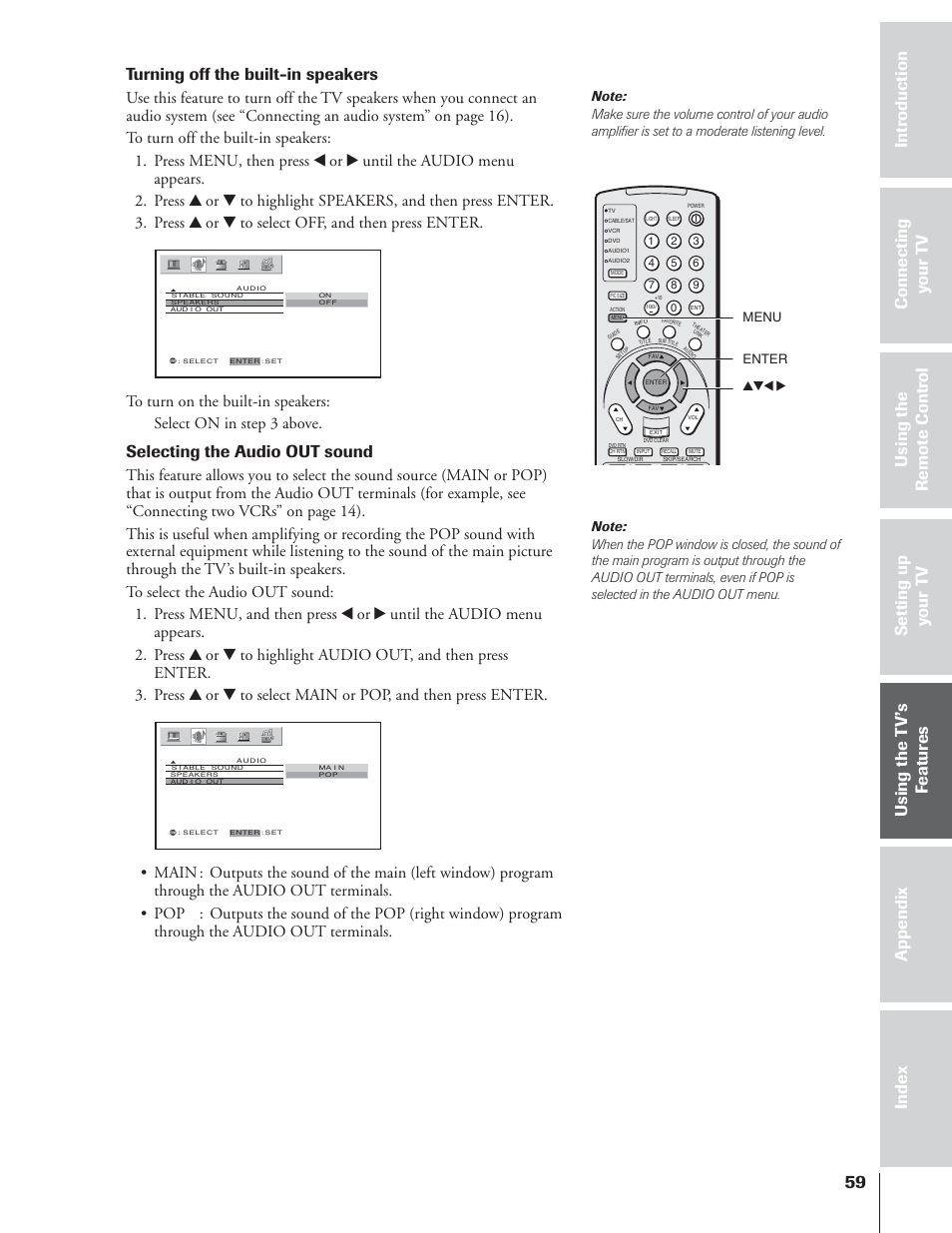 Turning off the built-in speakers, Selecting the audio out sound | Toshiba 65NH84 User Manual | Page 59 / 68