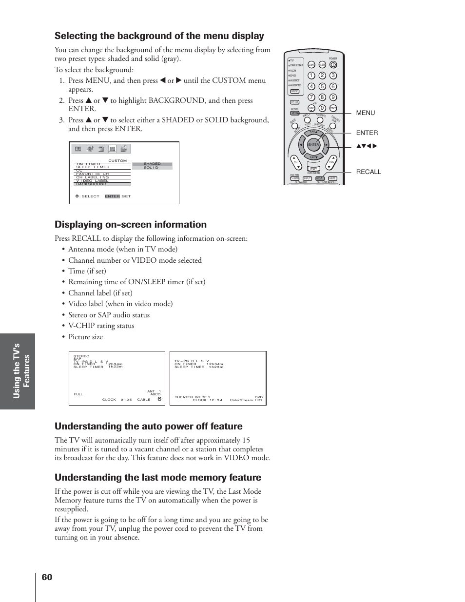 Selecting the background of the menu display, Displaying on-screen information, Understanding the auto power off feature | Yzx • menu recall, Enter | Toshiba 65NH84 User Manual | Page 60 / 68