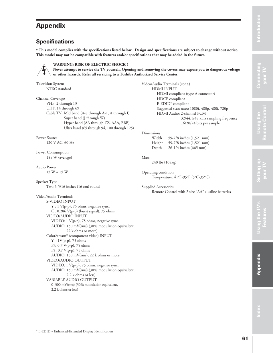 Appendix, Specifications | Toshiba 65NH84 User Manual | Page 61 / 68