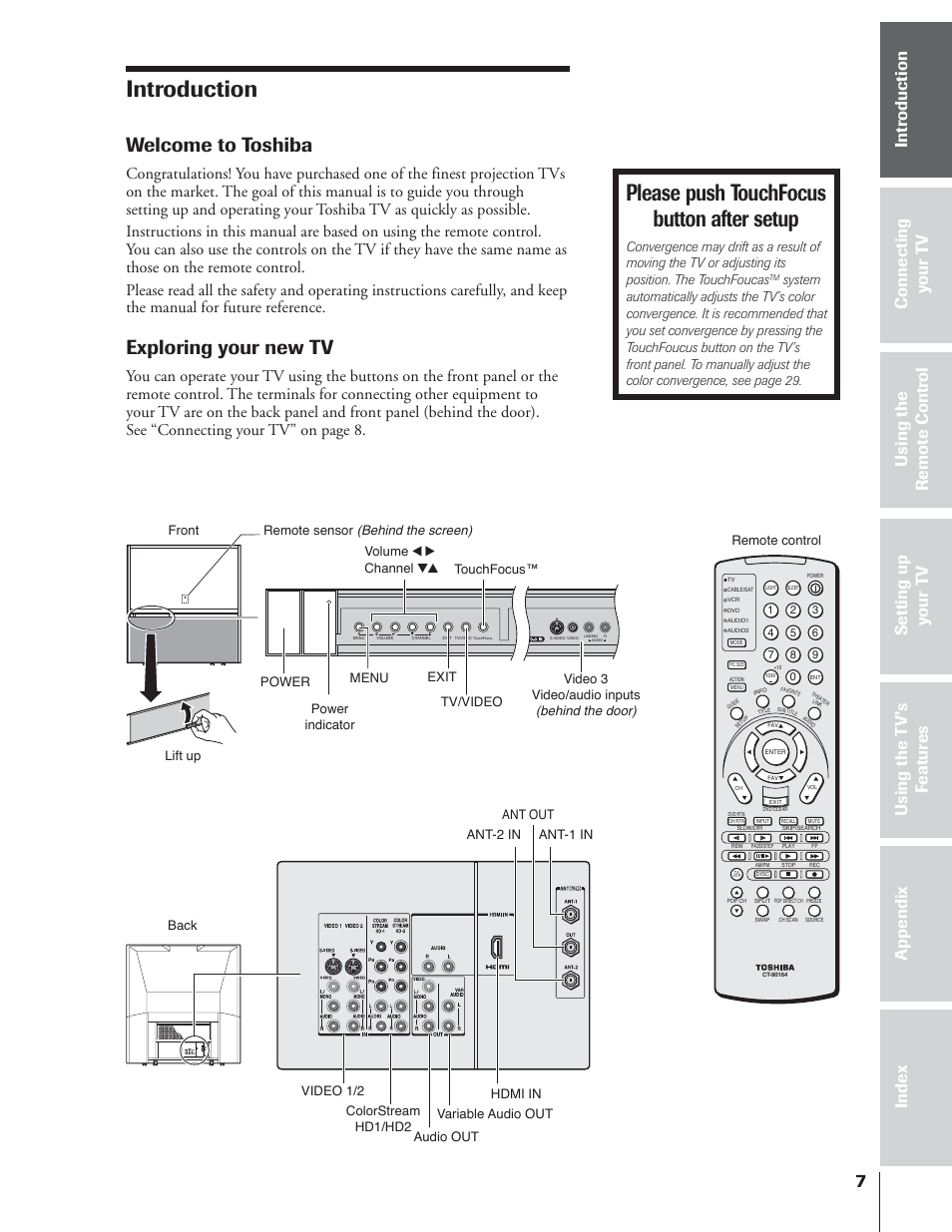 Introduction, Please push touchfocus button after setup, Welcome to toshiba | Exploring your new tv | Toshiba 65NH84 User Manual | Page 7 / 68