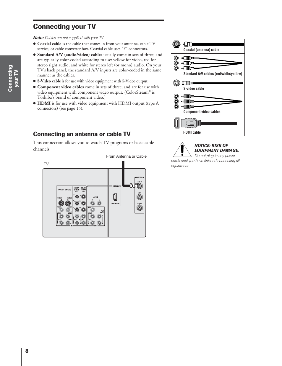 Connecting your tv, Connecting an antenna or cable tv | Toshiba 65NH84 User Manual | Page 8 / 68