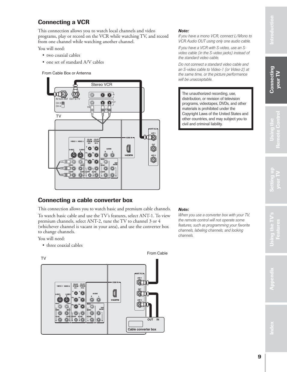 Connecting a vcr, Connecting a cable converter box | Toshiba 65NH84 User Manual | Page 9 / 68