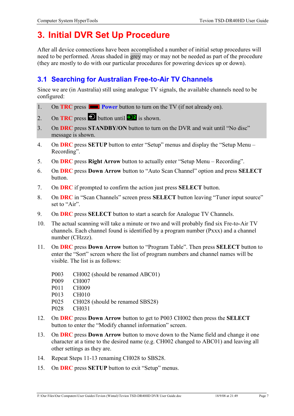 Initial dvr set up procedure | Toshiba Tevion TSD-DR40HD User Manual | Page 10 / 39
