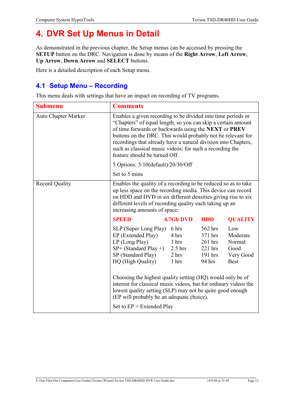 Dvr set up menus in detail | Toshiba Tevion TSD-DR40HD User Manual | Page 15 / 39
