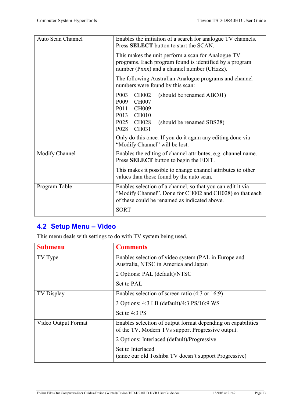 2 setup menu – video, Submenu comments | Toshiba Tevion TSD-DR40HD User Manual | Page 16 / 39
