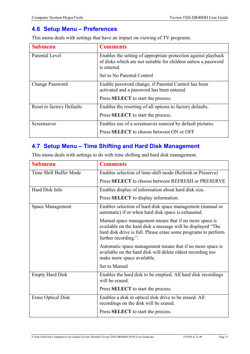 6 setup menu – preferences, Submenu comments | Toshiba Tevion TSD-DR40HD User Manual | Page 18 / 39