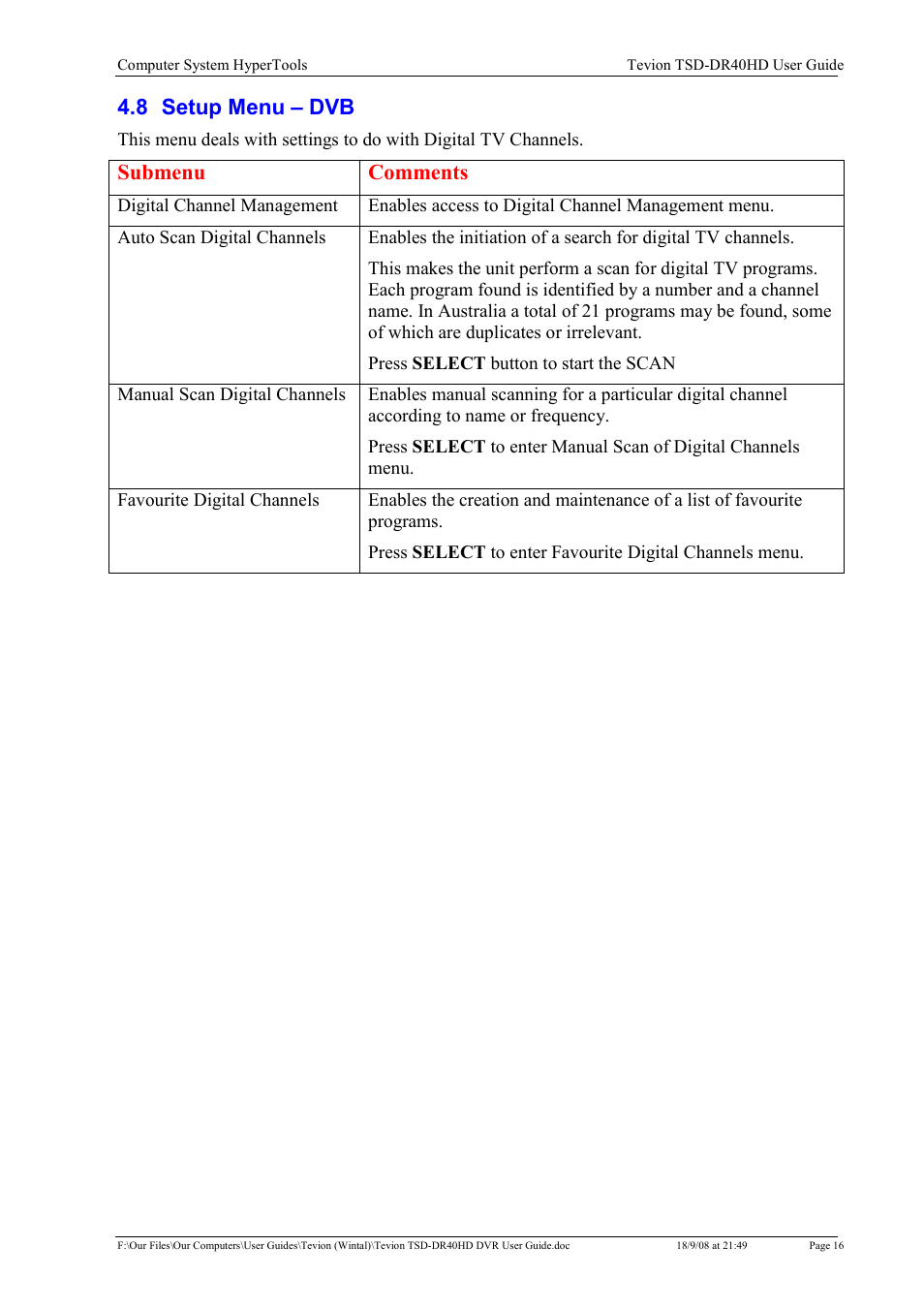 8 setup menu – dvb, Submenu comments | Toshiba Tevion TSD-DR40HD User Manual | Page 19 / 39