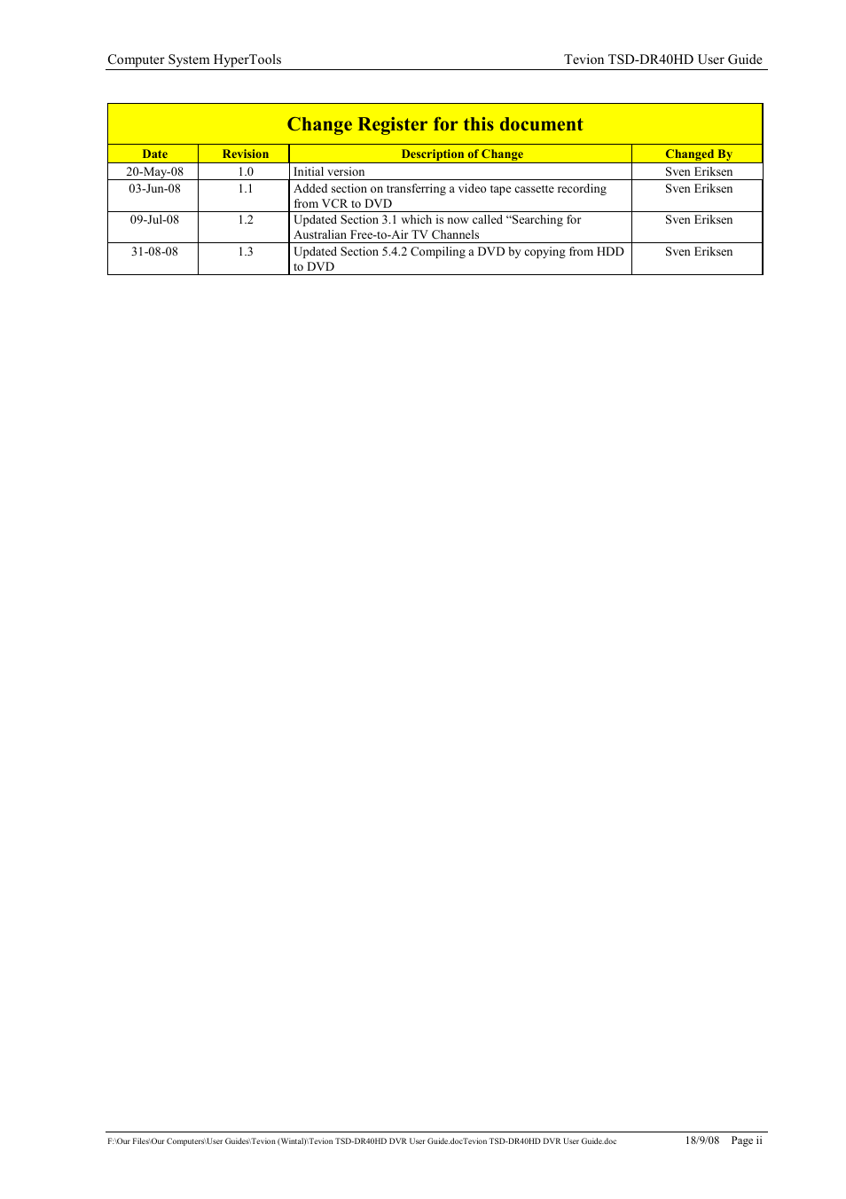 Change register for this document | Toshiba Tevion TSD-DR40HD User Manual | Page 2 / 39