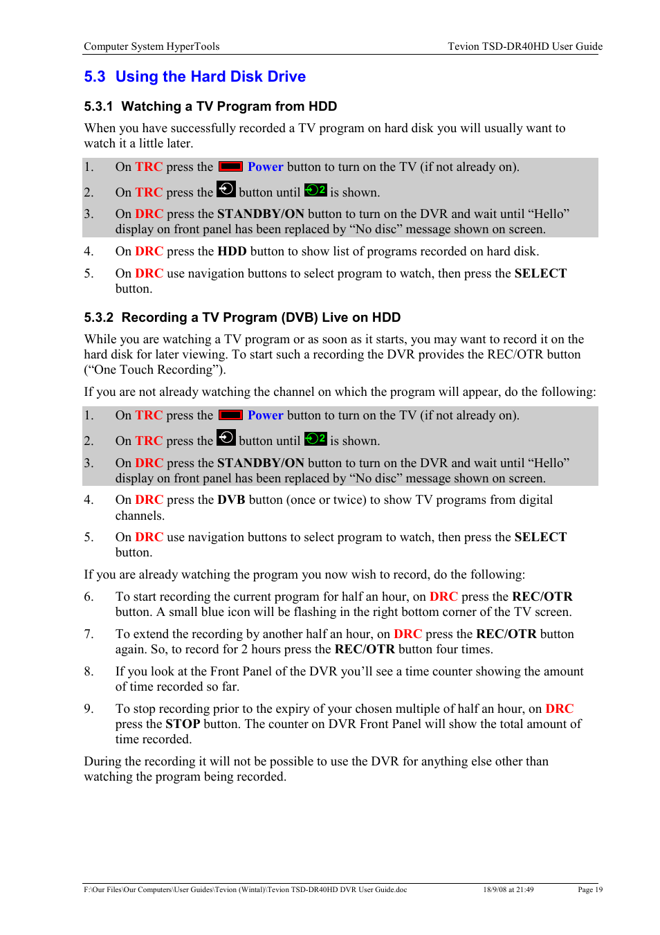 3 using the hard disk drive | Toshiba Tevion TSD-DR40HD User Manual | Page 22 / 39