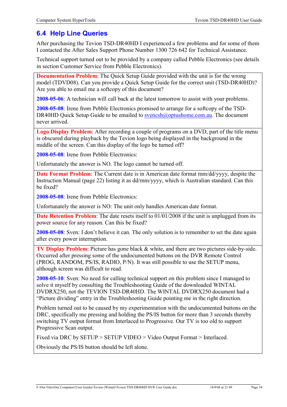 4 help line queries | Toshiba Tevion TSD-DR40HD User Manual | Page 37 / 39