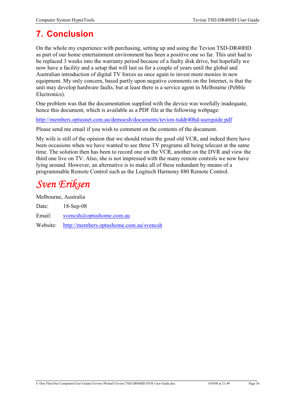 Sven eriksen, Conclusion | Toshiba Tevion TSD-DR40HD User Manual | Page 39 / 39