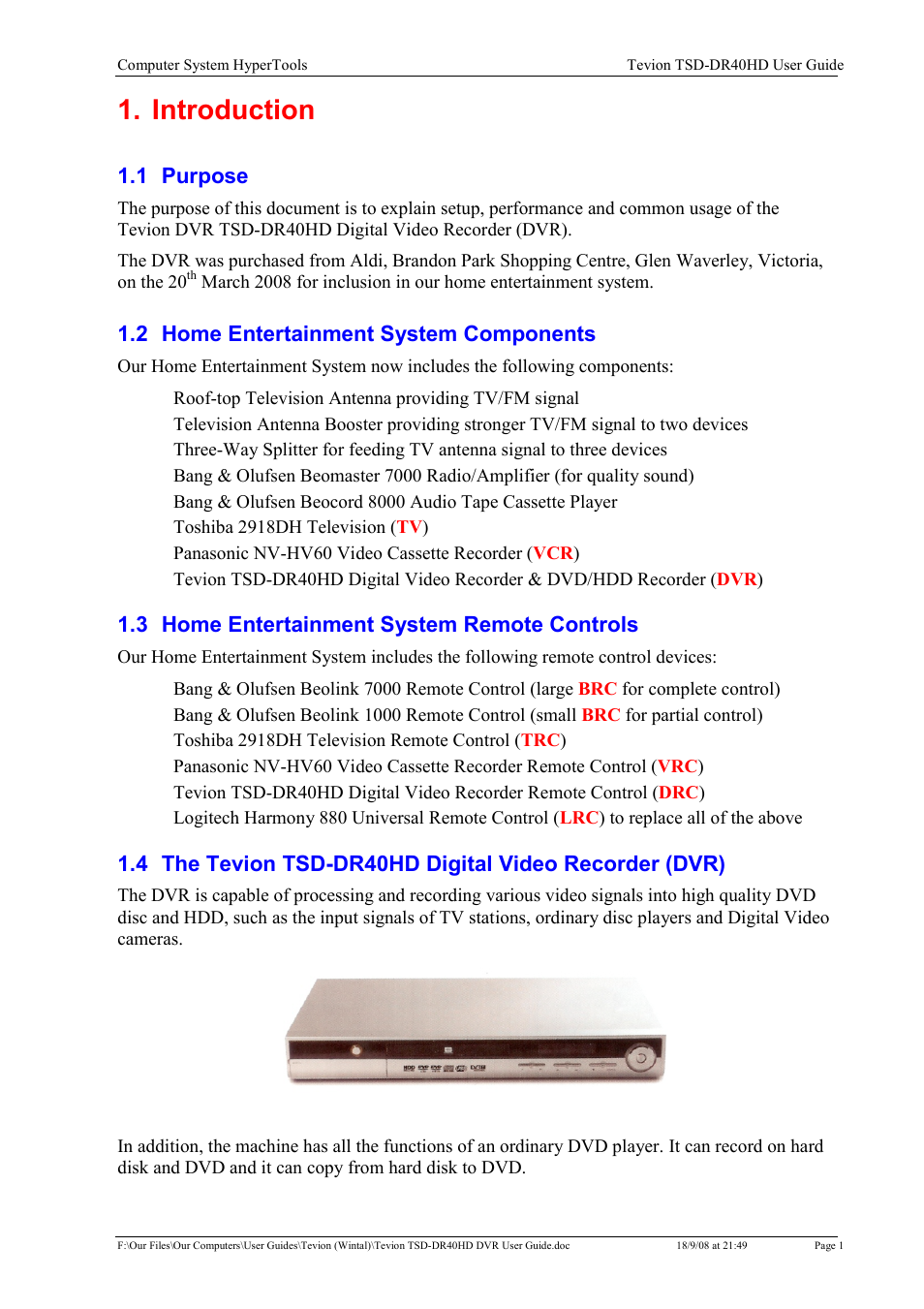 Introduction | Toshiba Tevion TSD-DR40HD User Manual | Page 4 / 39