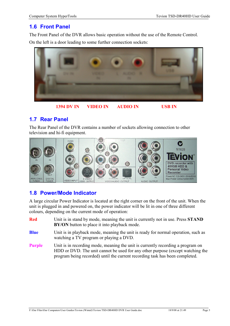 6 front panel, 7 rear panel, 8 power/mode indicator | Toshiba Tevion TSD-DR40HD User Manual | Page 6 / 39