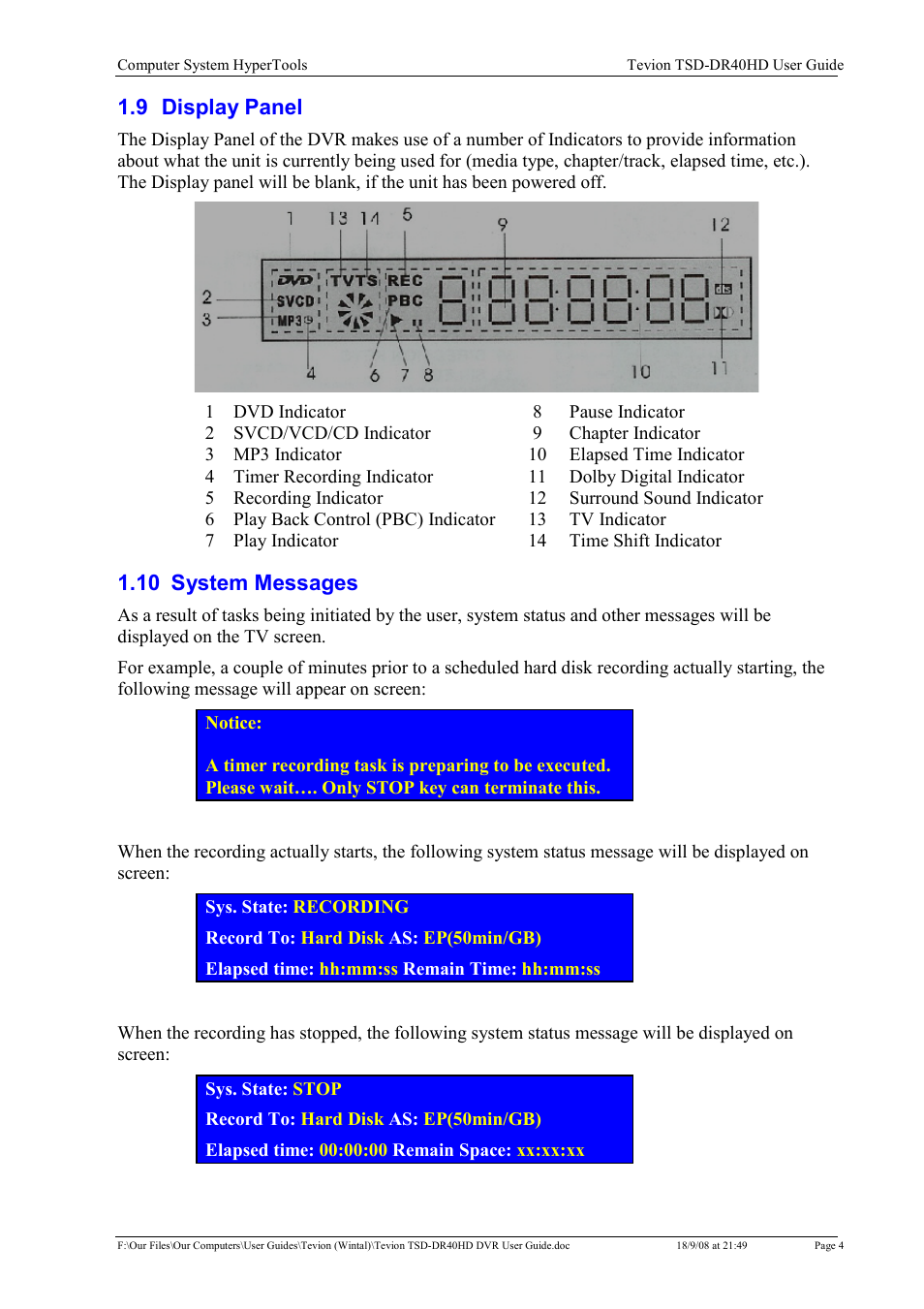 9 display panel, 10 system messages | Toshiba Tevion TSD-DR40HD User Manual | Page 7 / 39