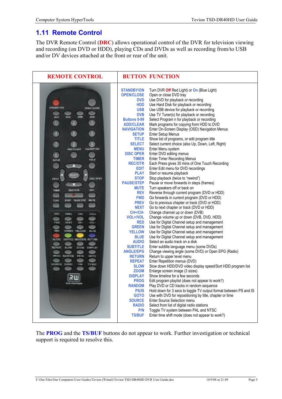 11 remote control | Toshiba Tevion TSD-DR40HD User Manual | Page 8 / 39