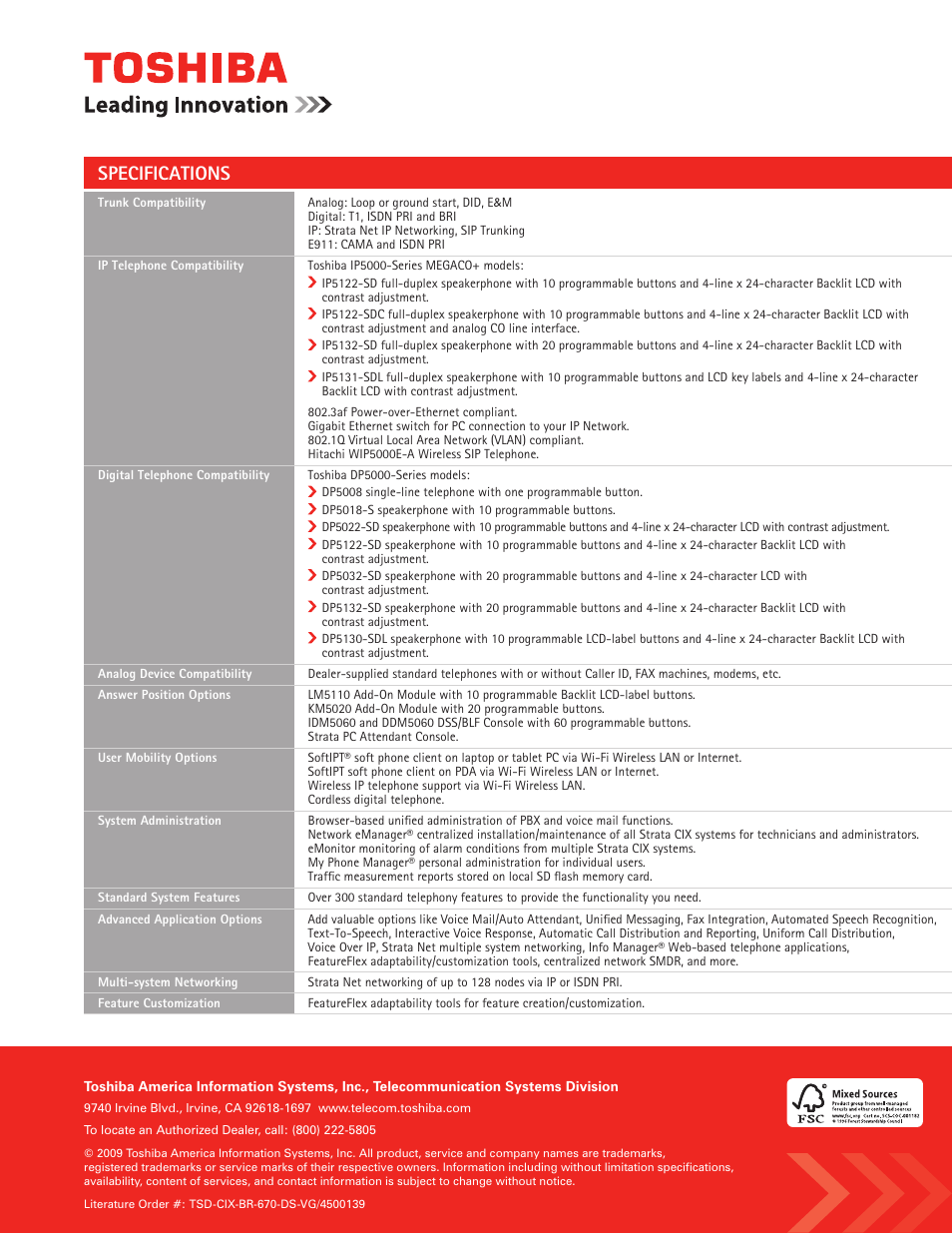 Specifications | Toshiba Strata CIX670 User Manual | Page 2 / 2