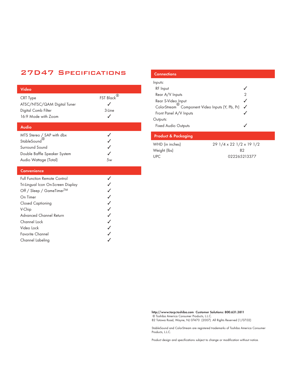 27d47 specifications | Toshiba 27D47 User Manual | Page 2 / 2