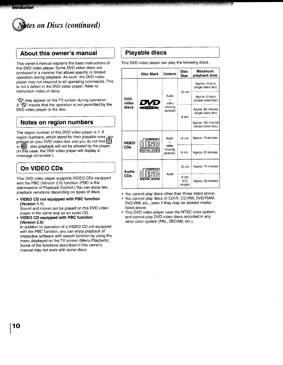 Mtrodiichwi, About this owner’s manual, Playable discs | N0tes on discs (continued), About this owner’s manual playable discs, On video cds | Toshiba 79077075 User Manual | Page 10 / 48