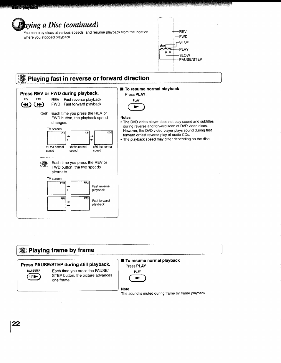 Playing fast in reverse or forward direction, Notes, Playing frame by frame | Note, Tiyins a disc (continued) | Toshiba 79077075 User Manual | Page 22 / 48