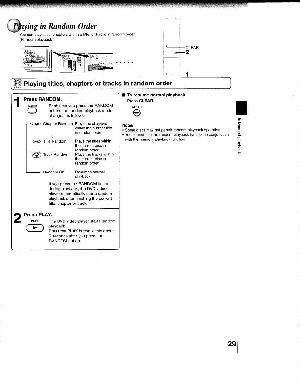 Playing titles, chapters or tracks in random order, Press random, Press play | Notes, Playing titles, chapters or tracks in random, Order, Paying in random order | Toshiba 79077075 User Manual | Page 29 / 48