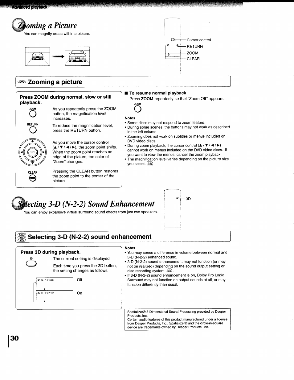 Zooming a picture, Press zoom during normal, slow or still playback, Selecting 3-d (n-2-2) sound enhancement | Press 3d during playback, Zdoming a picture, Iecting 3-d (n-2-2) sound enhancement | Toshiba 79077075 User Manual | Page 30 / 48