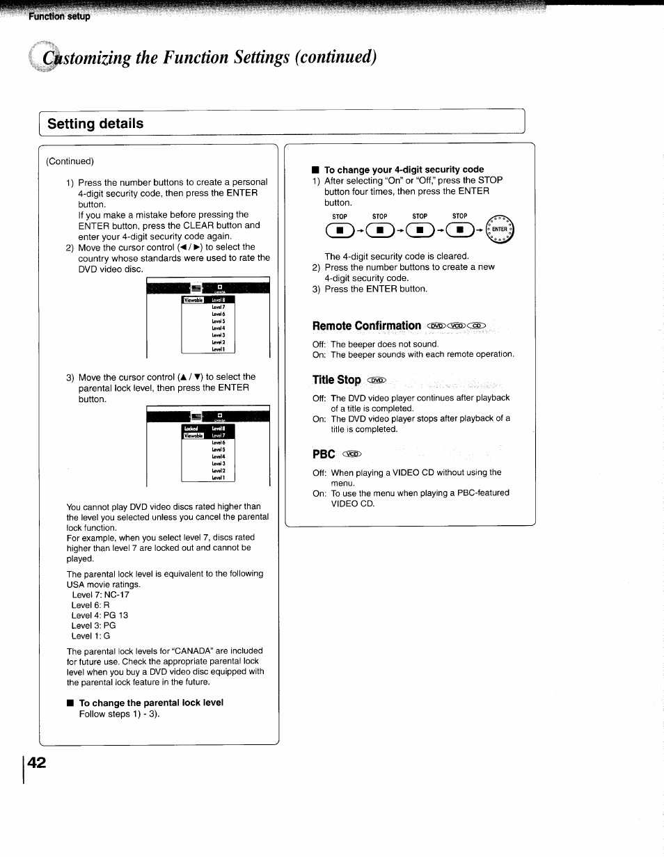 Setting details, D-cd^(x), Customizing the function settings (continued) | Remote confirmation c, S>c's, Title stop | Toshiba 79077075 User Manual | Page 42 / 48