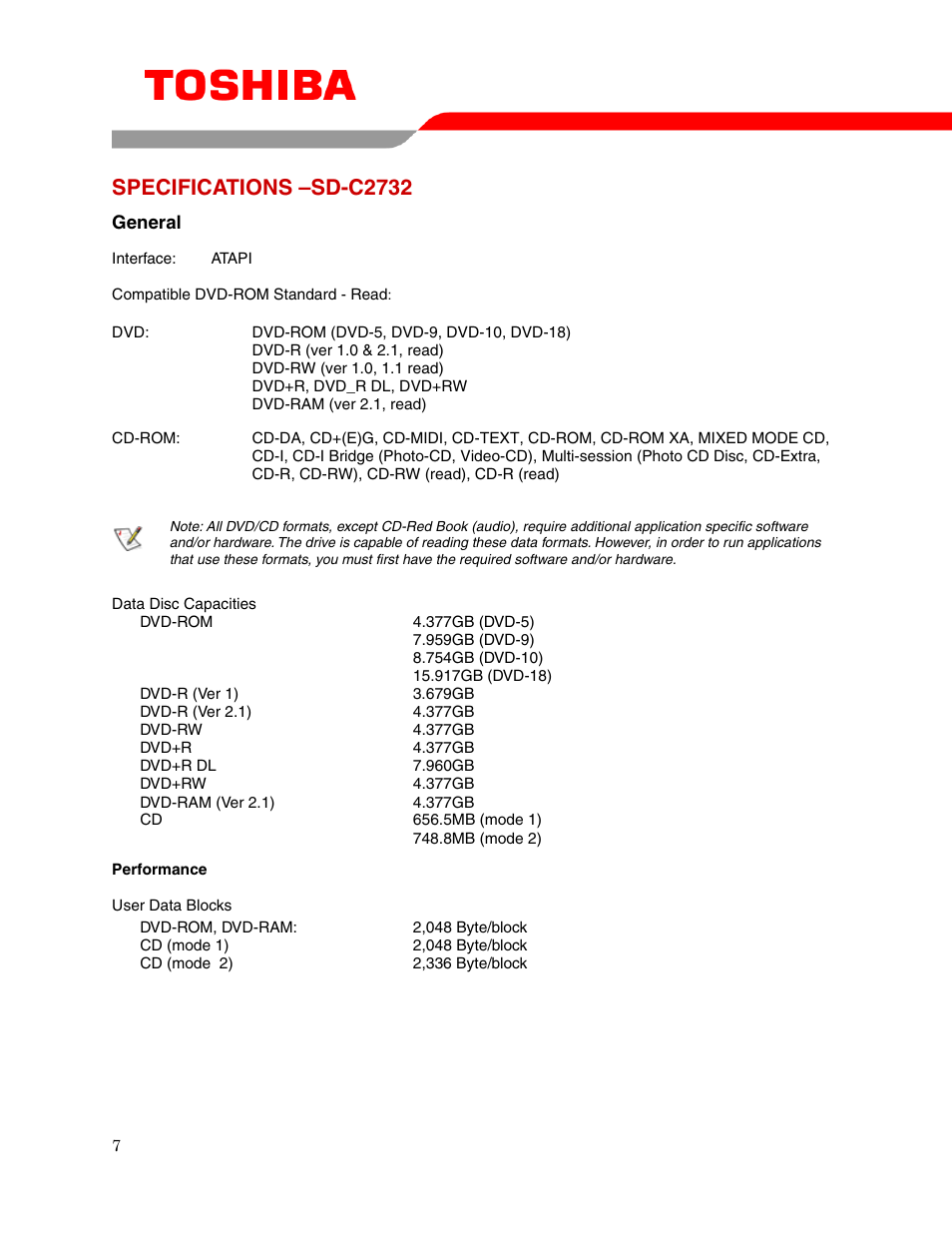 Specifications –sd-c2732 | Toshiba DVD - ROM MOBILE DRIVE SD-C2732 User Manual | Page 9 / 12