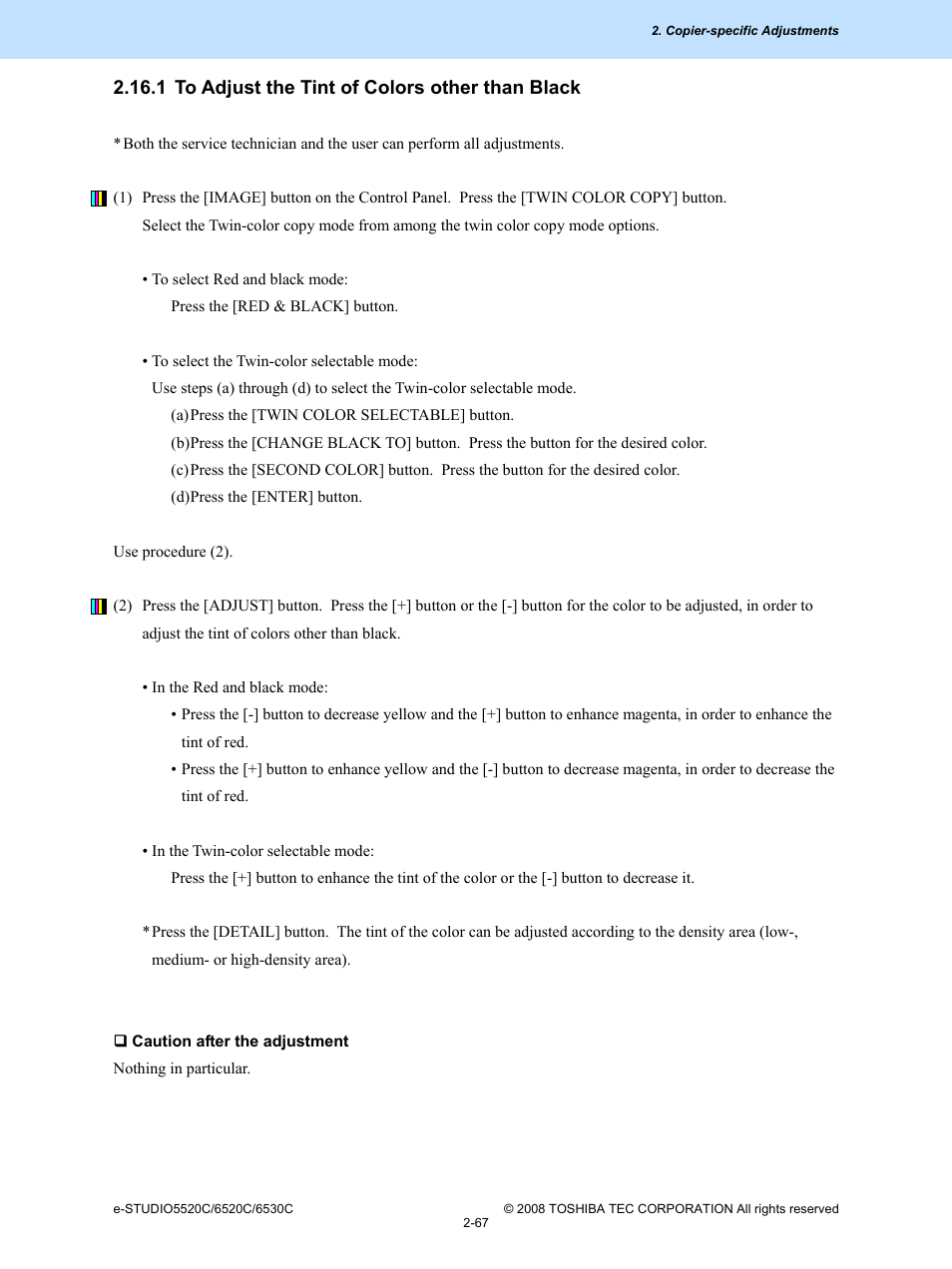 1 to adjust the tint of colors other than black | Toshiba e-Studio Imaging 6520c User Manual | Page 101 / 288