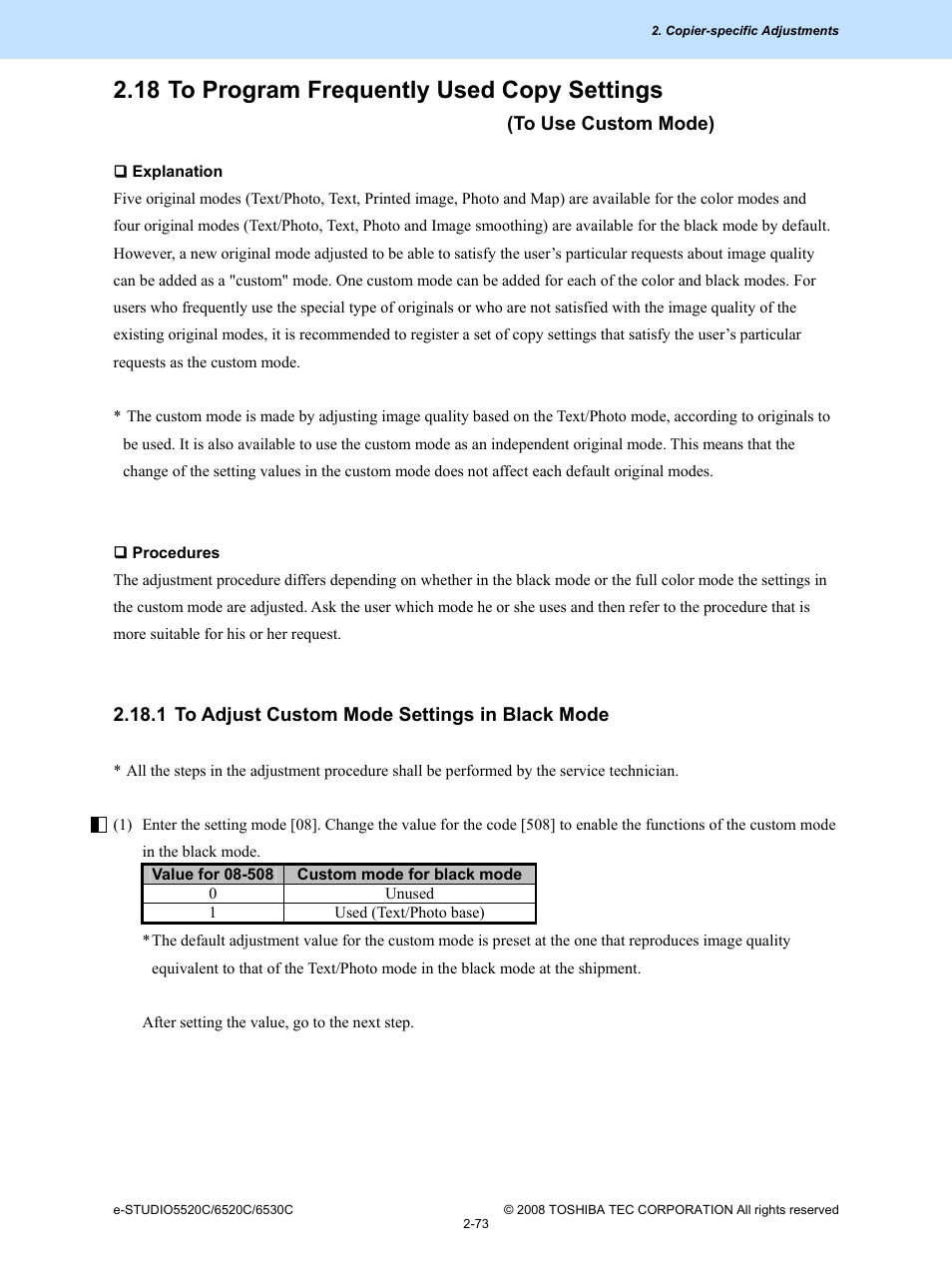 1 to adjust custom mode settings in black mode, 1 to adjust custom mode settings in black mode -73, 18 to program frequently used copy settings | Toshiba e-Studio Imaging 6520c User Manual | Page 107 / 288