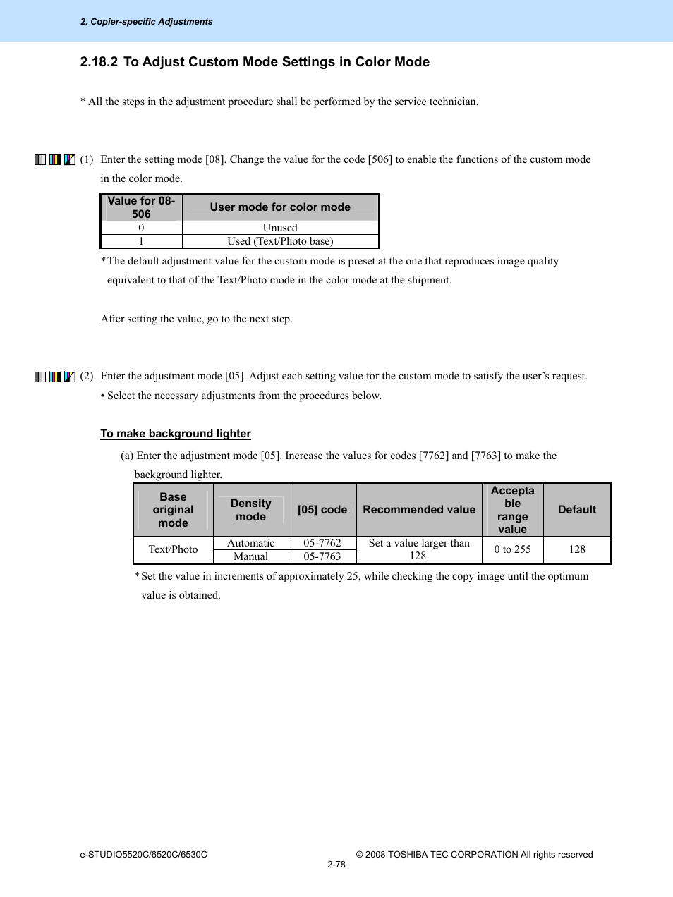 2 to adjust custom mode settings in color mode | Toshiba e-Studio Imaging 6520c User Manual | Page 112 / 288