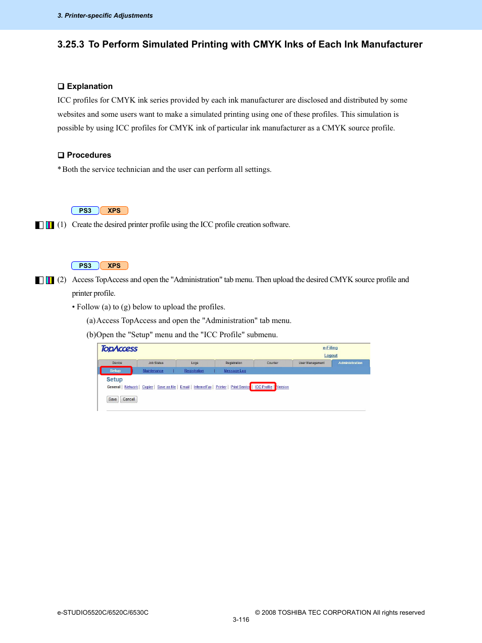 3 to perform simulated printing with cmyk inks of, Each ink manufacturer -116 | Toshiba e-Studio Imaging 6520c User Manual | Page 236 / 288